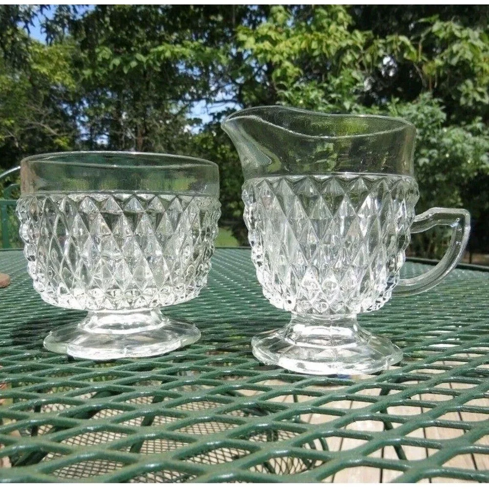 Indiana Glass Diamond Point Crystal Pressed Glass Sugar & Creamer Set Scallop